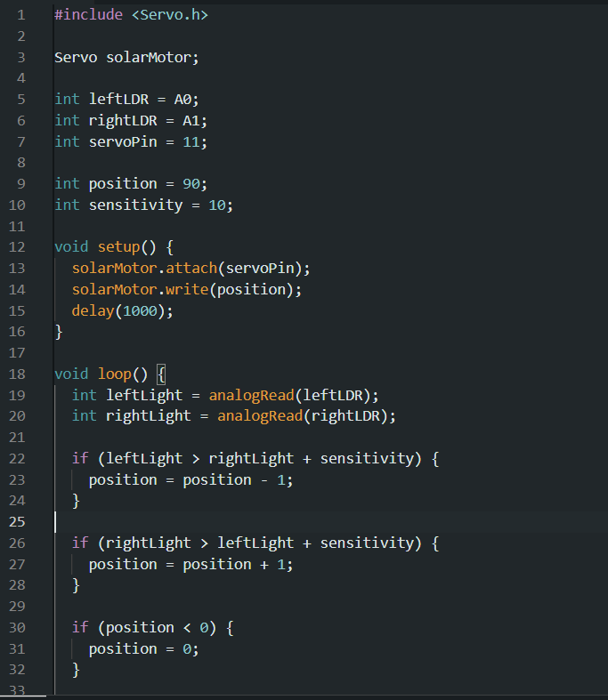 Solar tracking Arduino code screenshot 1