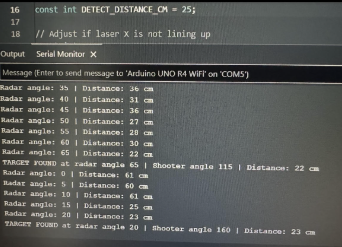 Serial Monitor showing radar angle and distance readings