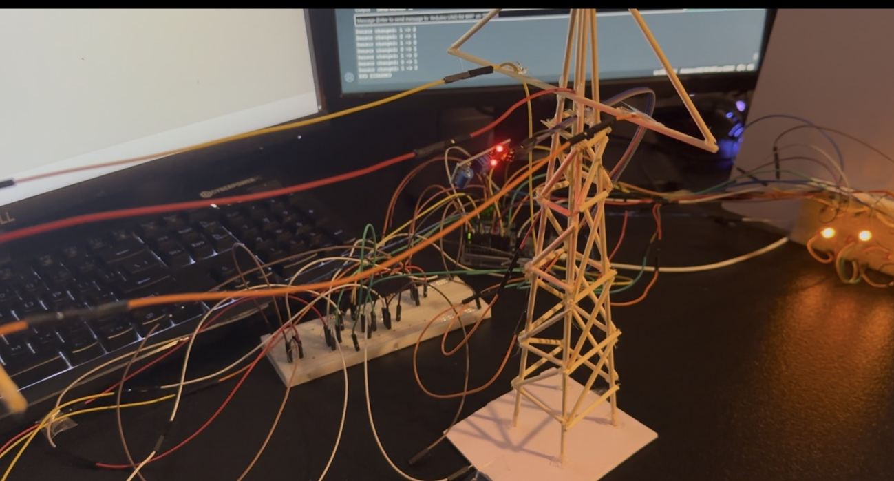 Close-up of the transmission tower and phase conductors